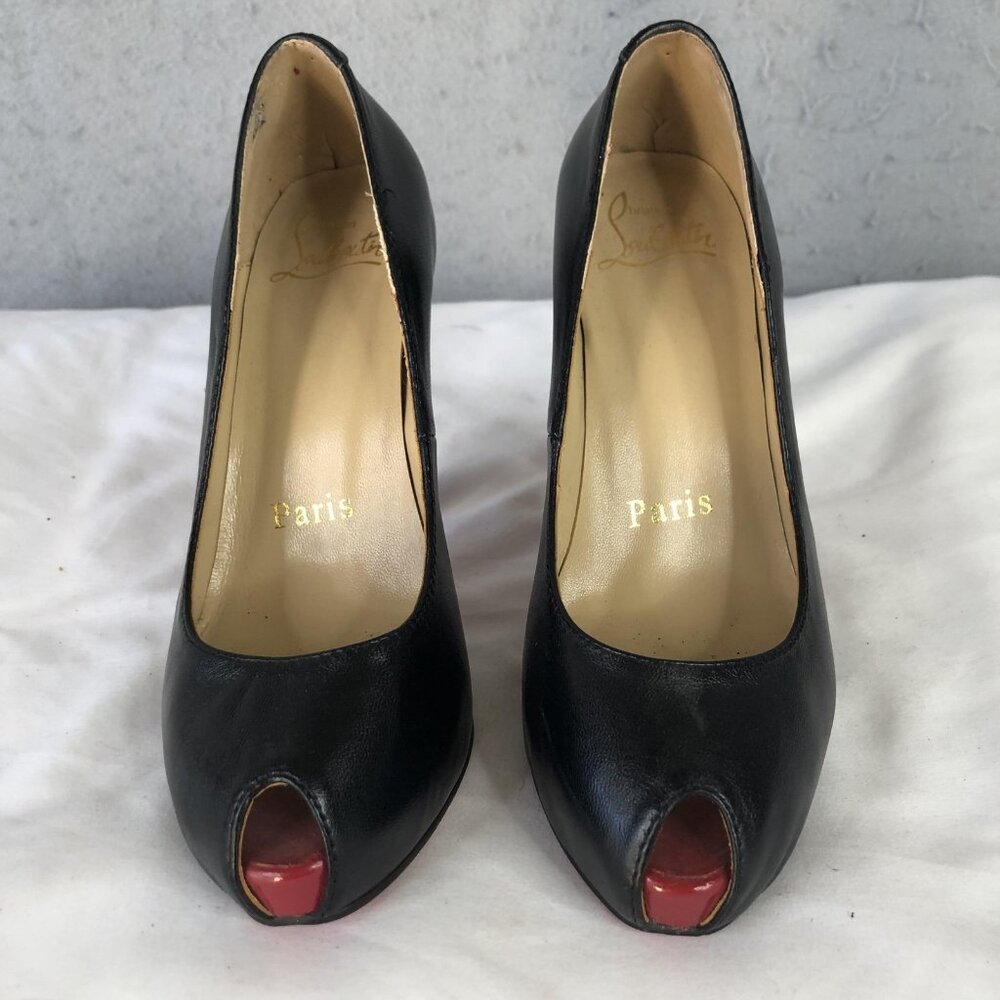 Christian Louboutin Shoes Womens Size 35 Black Peep Toe Pumps Red Sole Italy - Picture 2 of 16